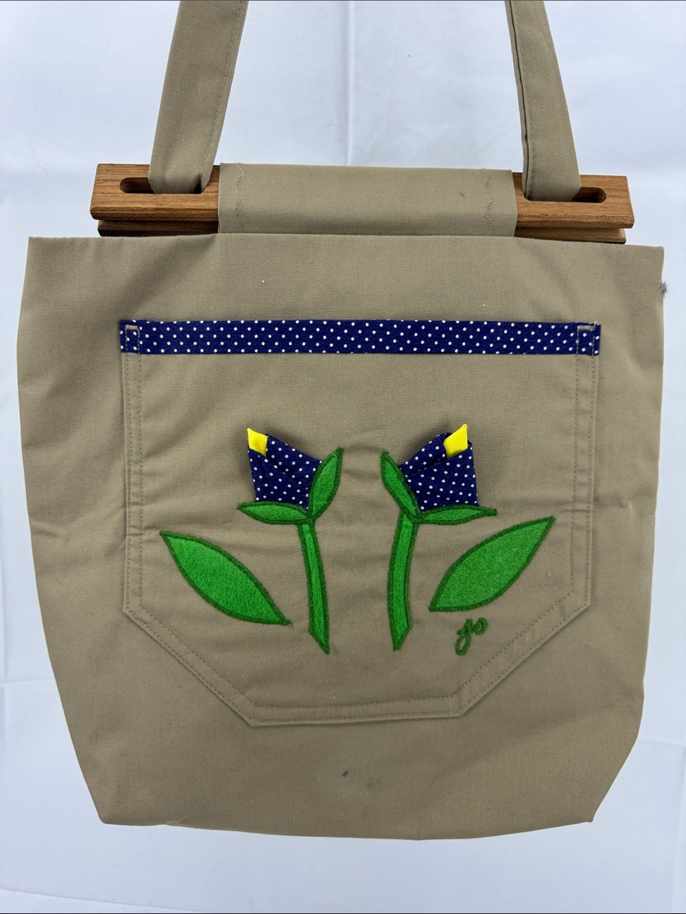 Handmade Vintage Very 70s Tan, Blue Tulip Shoulder Purse Tote w/ Wood & Stitched